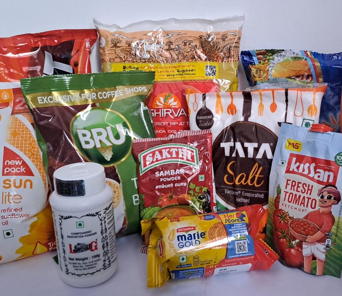 Assorted Indian food and beverage products including spices, snacks, tea, grains, and ready-to-eat items for export