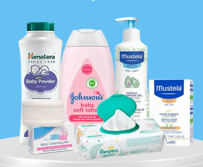 Baby care essentials such as diapers, baby food, wipes, baby lotions, and herbal health supplements for export