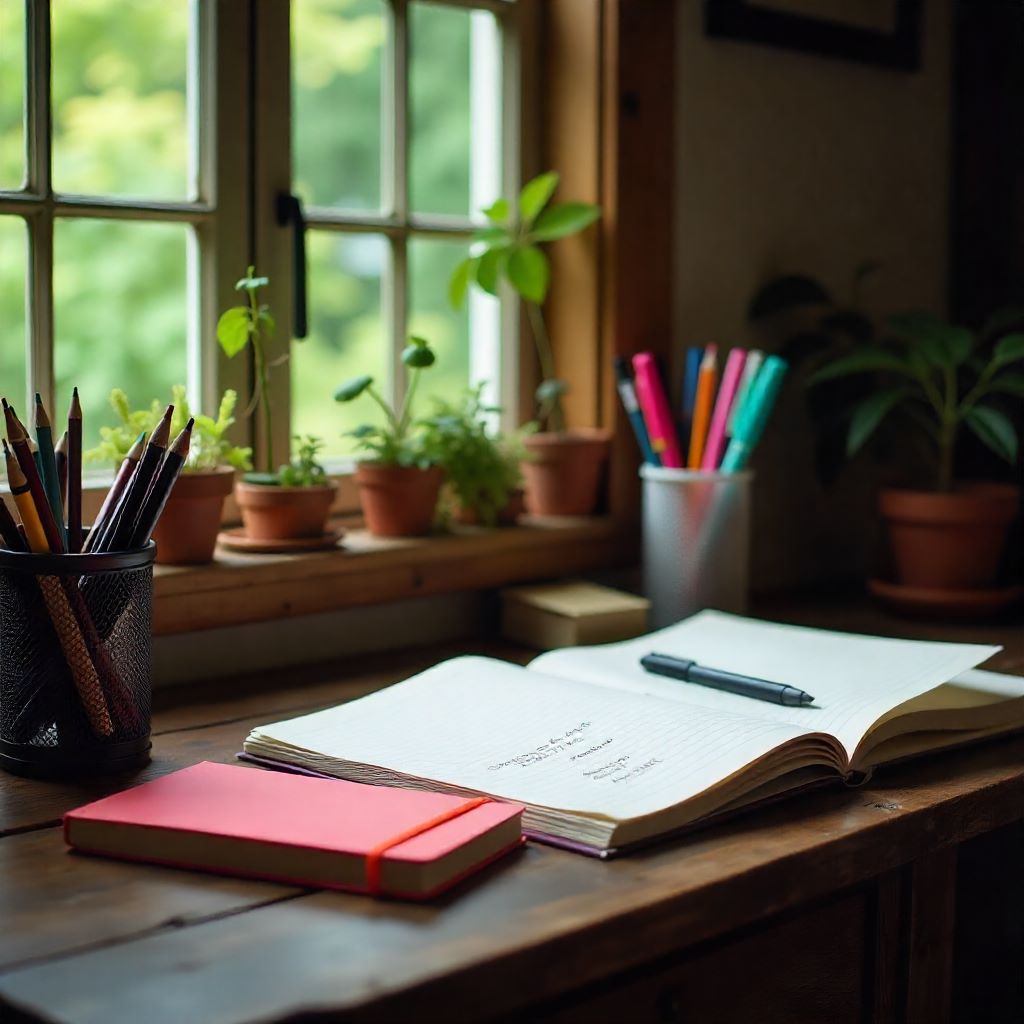 Colorful stationery items including notebooks and pens on a study table-Exporters in india