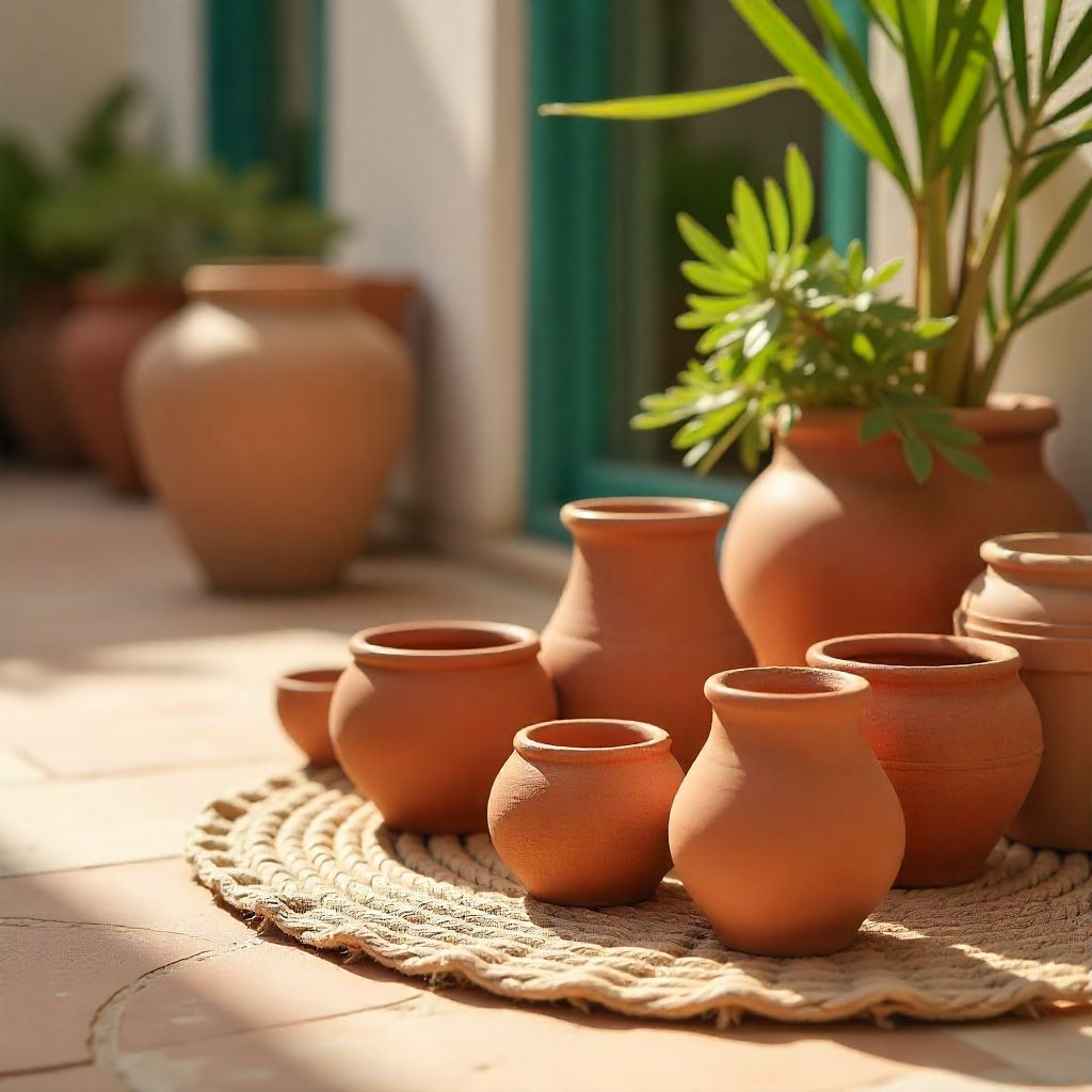 Colorful terracotta and clay art pieces like painted pots, wall masks, and miniature figurines