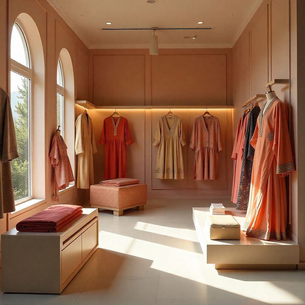 Assorted ethnic and modern clothing including sarees, kurtas, shirts, and dresses neatly displayed in a fashion store