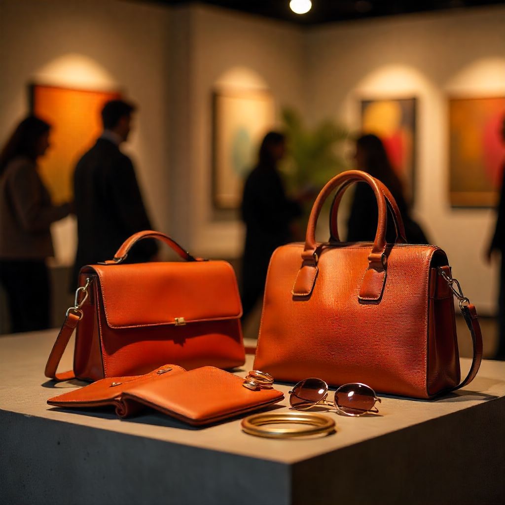 Traditional and modern fashion accessories including potli bags, scarves, juttis, and bangles artistically displayed