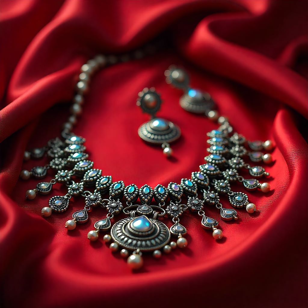 Handcrafted ethnic Indian jewelry with silver necklaces, kundan bangles, and tribal earrings on traditional fabric