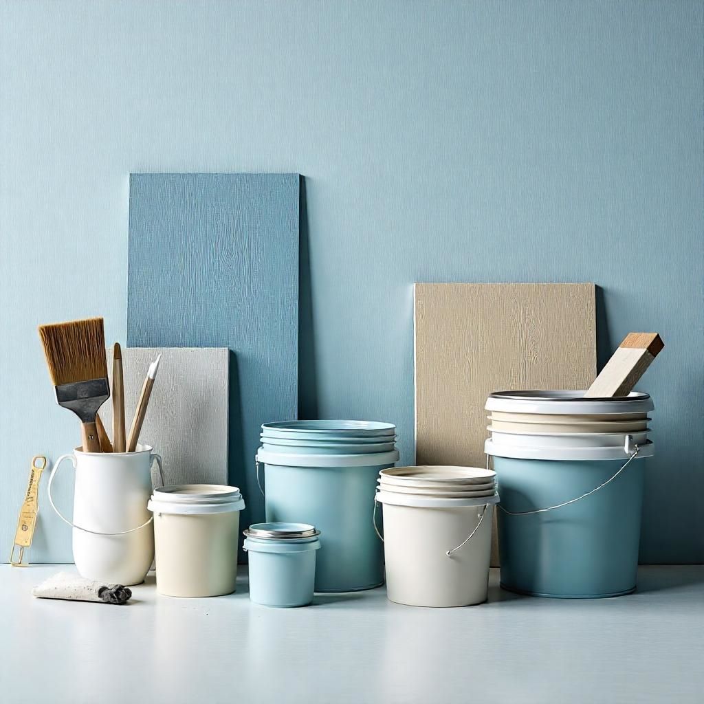 Construction paint cans and roller brushes