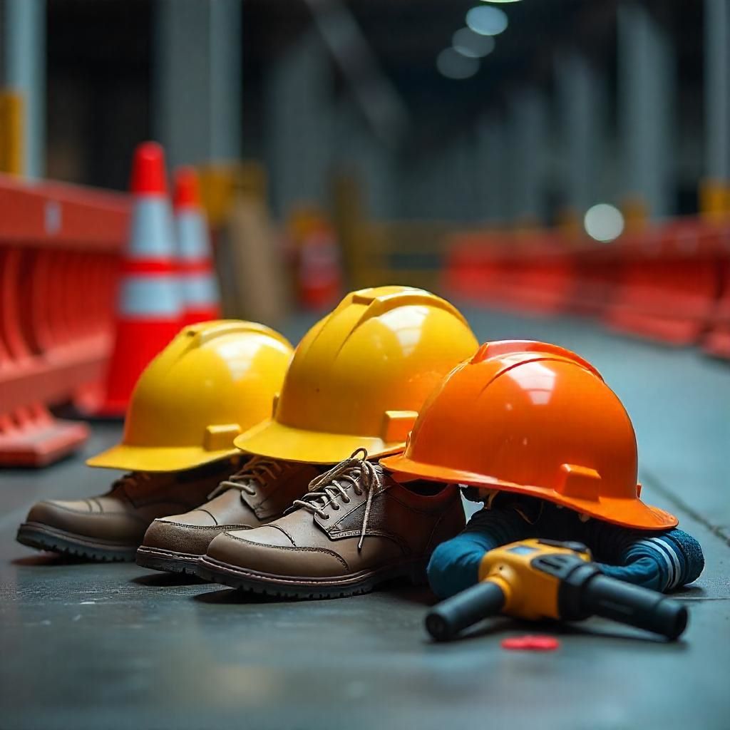 Construction helmets, safety vests, and gloves on site