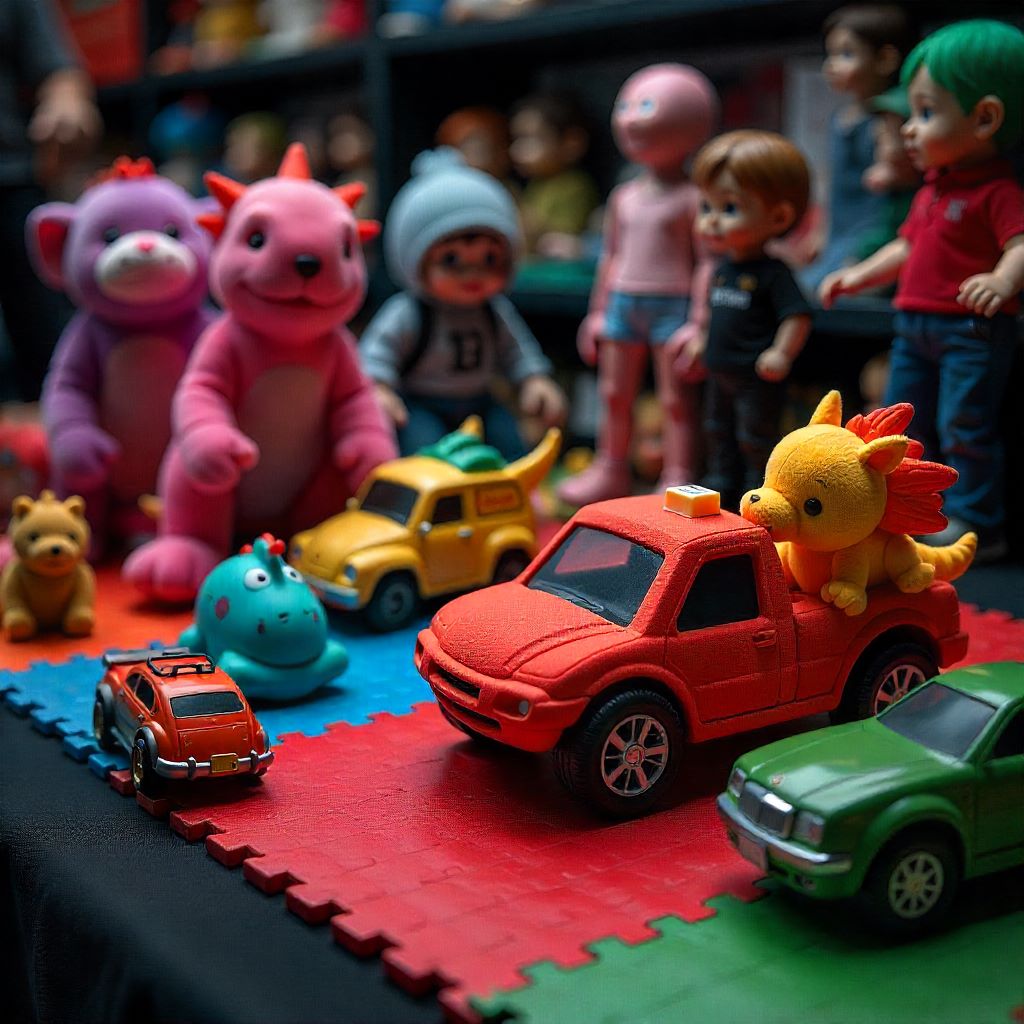 Mixed collection of soft toys, toy cars, and dolls on play mat-Exporters in india
