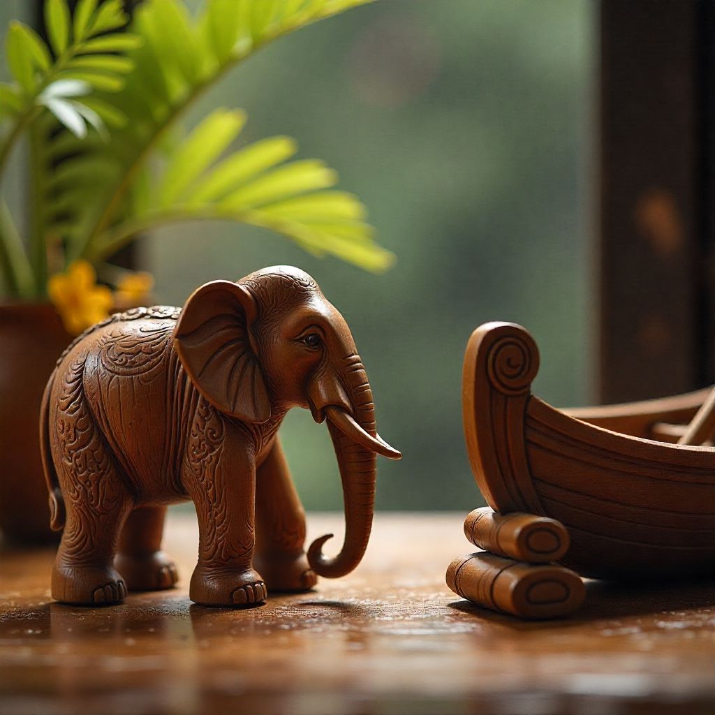 Carved wooden handicrafts featuring elephant statues, traditional boats, and wooden deity sculptures-Exporters
